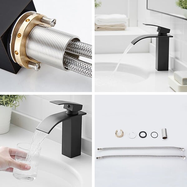 SANIVERRE - TIBRE Robinet mitigeur bec plat en cascade noir chromé - salle de bain - large