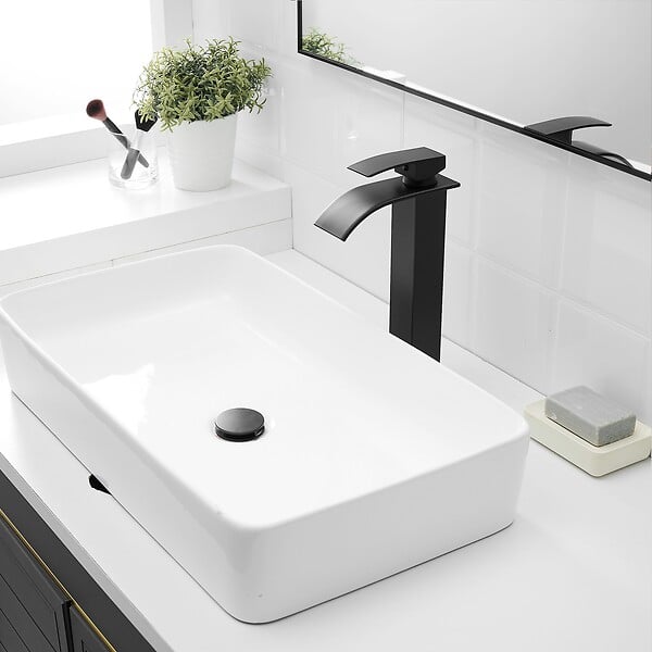 SANIVERRE - TIBRE XL Robinet mitigeur bec haut en cascade noir chromé - salle de bain - large