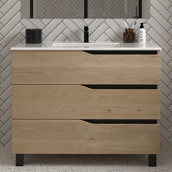 COSYNEO - Meuble de salle de bain 100cm simple vasque - 3 tiroirs - madera miel (bois clair) - MATA - large