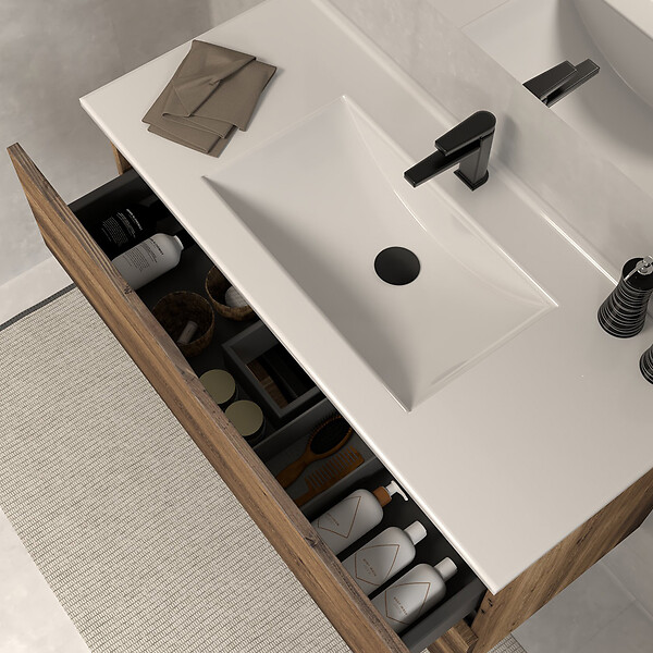 COSYNEO - Meuble de salle de bain 90cm simple vasque - 2 tiroirs - sans miroir - tabacco (chêne foncé) - LUNA - large