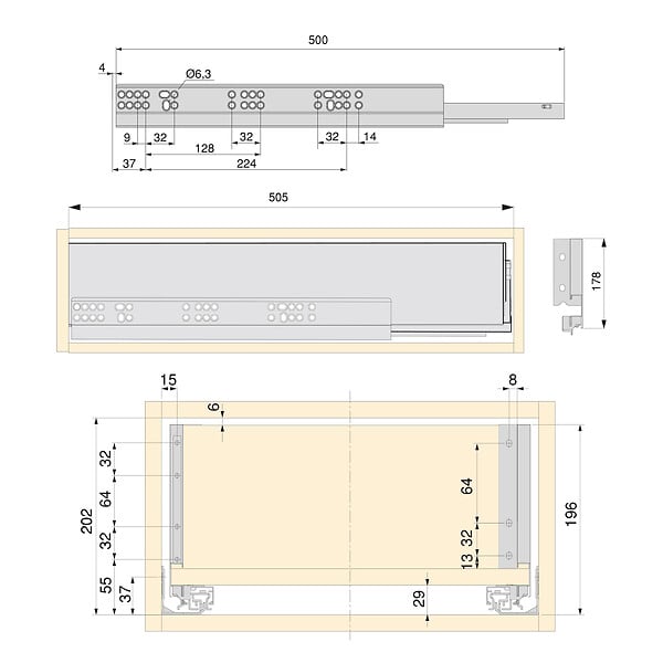 EMUCA - Kit de tiroirs pour cuisine ou salle de bains Vertex avec réglages 3D, hauteur 178mm, avec panneaux inclus, module 900mm, Peint en blanc - large