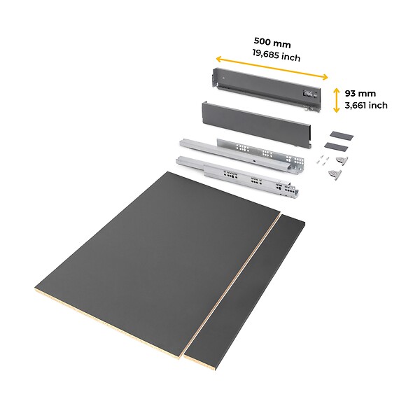 EMUCA - Kit de tiroirs pour cuisine ou salle de bains Vertex avec réglages 3D, hauteur 93mm, avec panneaux inclus, module 900mm, Gris antracite - large