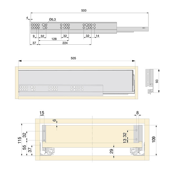 EMUCA - Kit de tiroirs pour cuisine ou salle de bains Vertex avec réglages 3D, hauteur 93mm, avec panneaux inclus, module 600mm, Gris antracite - large