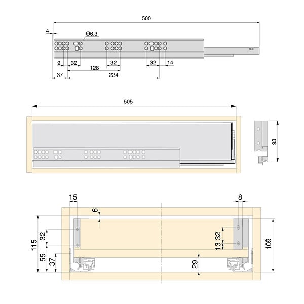 EMUCA - Kit de tiroirs pour cuisine ou salle de bains Vertex avec réglages 3D, hauteur 93mm, avec panneaux inclus, module 900mm, Peint en blanc - large