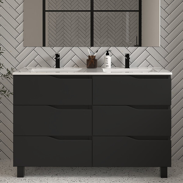 COSYNEO - Meuble de salle de bain 120cm double vasque - 6 tiroirs - noir - MATA - large