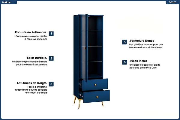 OTITEC - Armoire Vitrine - H.190 x L.55 x P.40 cm - MARIN - large