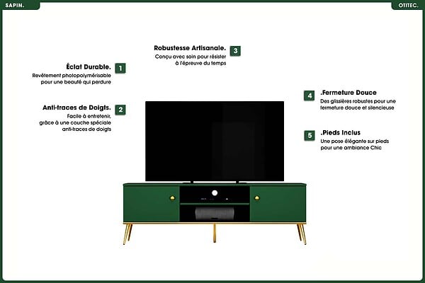 OTITEC - Meuble TV - H.54 x L.160 x P.40 cm - SAPIN - large