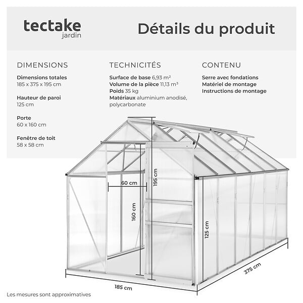 TECTAKE - Serre en aluminium, résistant aux UV, 185x375x195cm blanc transparent - large