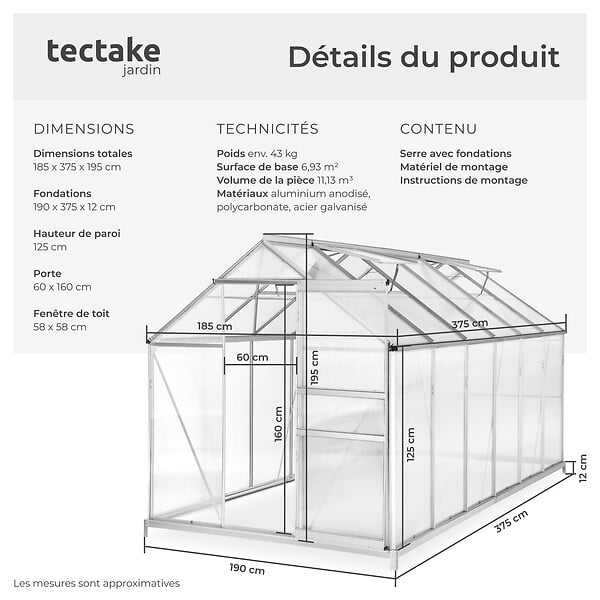TECTAKE - Serre en aluminium avec fondation, 185x375x195cm blanc transparent - large