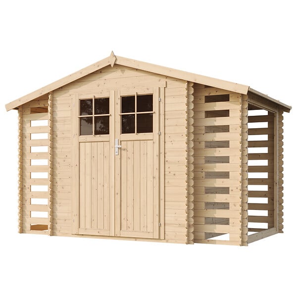 TIMBELA - Abri de jardin en bois et range bûches extérieur AVEC SOL TRAITÉ - extérieur I206xL328xH218 cm/ 3,53 + 0,97+0,97 m2 - TIMBELA M391F+M391G - large