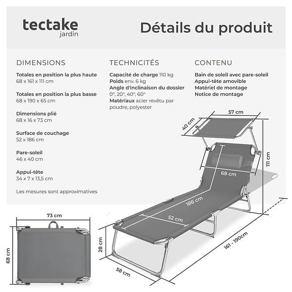 TECTAKE - Transat acier gris 4 niveaux réglage dossier appuie-tête amovible pare-soleil inclinable structure stable - large