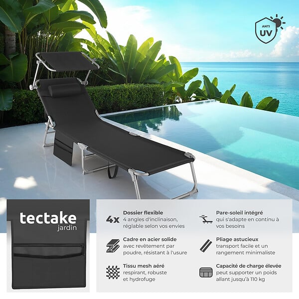 TECTAKE - Lot de 2 bains de soleil Chloé 4 positions avec appui-tête et pochette noir - large
