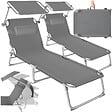 TECTAKE - Lot de 2 chaises longues pliantes en acier avec appuie-tête amovible pare-soleil 4 positions gris 190 x 68 x 111 cm - vignette