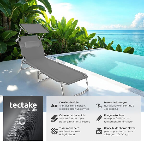 TECTAKE - Lot de 2 chaises longues pliantes en acier avec appuie-tête amovible pare-soleil 4 positions gris 190 x 68 x 111 cm - large
