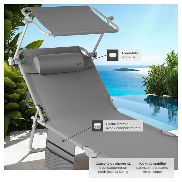TECTAKE - Bain de soleil pliable avec appui-tête structure acier polyester couleurs gris clair - large