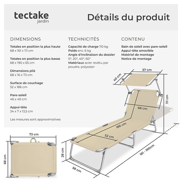 TECTAKE - Transat CHLOÉ beige - large