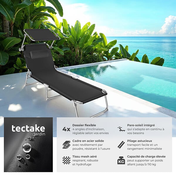 TECTAKE - Lot de 2 transats CHLOE noir - large
