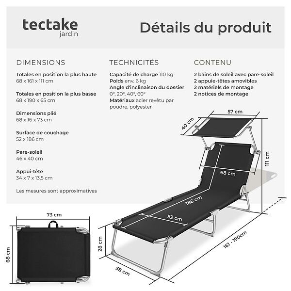 TECTAKE - Lot de 2 transats CHLOE noir - large