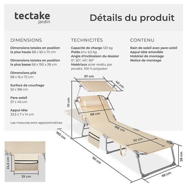 TECTAKE - Bain de soleil Chloé 4 positions avec appui-tête et pochette beige - large