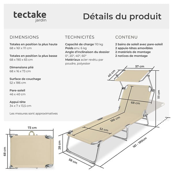 TECTAKE - Lot de 2 transats CHLOE beige - large