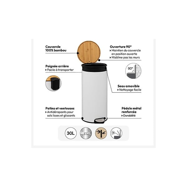 5 FIVE SIMPLY SMART - Poubelle 30 Litres en Métal Noir charbon et Couvercle en Bambou - large