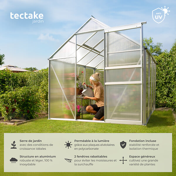 TECTAKE - Serre aluminium avec fondation blanc transparent plaques double paroi 185x250x195cm grande taille - large
