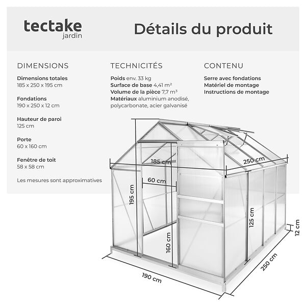 TECTAKE - Serre aluminium avec fondation blanc transparent plaques double paroi 185x250x195cm grande taille - large