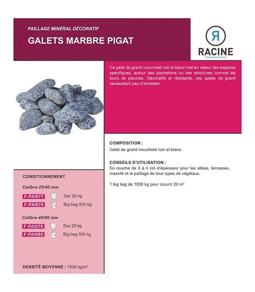 RACINE - Paillage minéral Galet marbre pigat 25-40mm, Big bag 500 kg - F-PAI079 - large