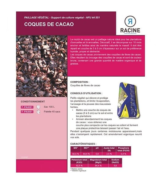 RACINE - Fertilisant naturel en coque de cacao - sac de 100 litres pour 3m² - large