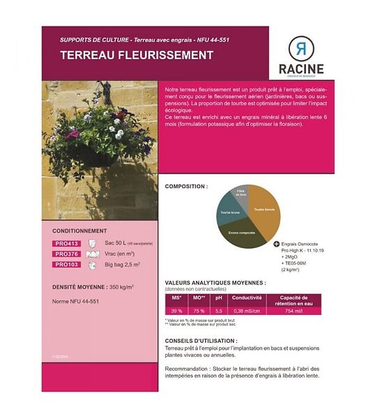RACINE - Terreau fleurissement prêt à l'emploi 10 sacs 50 l bacs de plantes - large