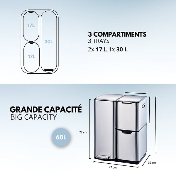 KITCHEN MOVE - Poubelle pédale tri sélectif HAJA argent 60L - large