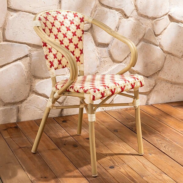 OVIALA - Fauteuil de terrasse bistrot parisien en aluminium et rotin rouge - Madeleine - large