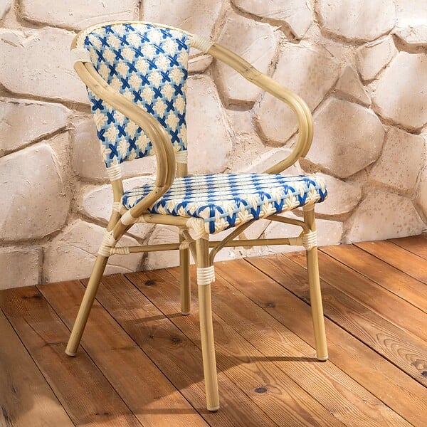 OVIALA - Fauteuil de terrasse bistrot parisien en aluminium et rotin bleu - Madeleine - large