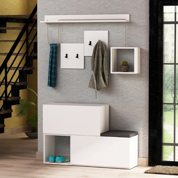CONCEPT USINE - Meuble d'entrée blanc avec rangements et porte-manteaux INGA - large