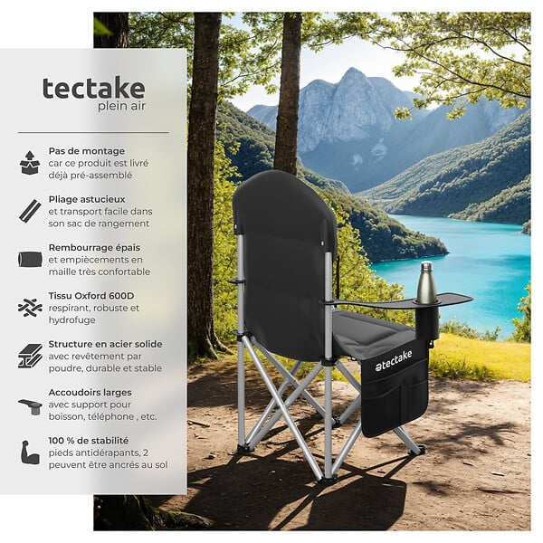 TECTAKE - Chaise de camping rembourrée pliable MTX noir - large
