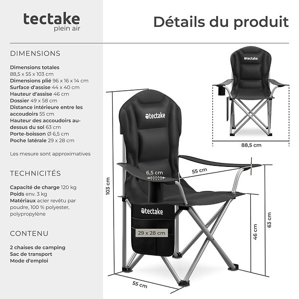 TECTAKE - Chaise de camping rembourrée pliable MTX noir - large