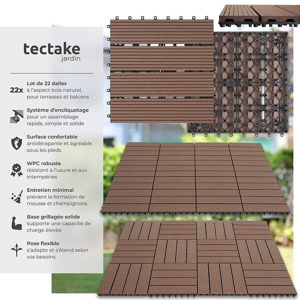 TECTAKE - Lot de dalles de terrasse TEGULAS en WPC aspect bois marron - large