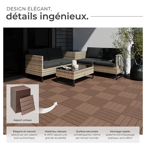 TECTAKE - Lot de dalles de terrasse TEGULAS en WPC aspect bois marron - large