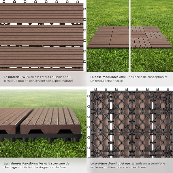 TECTAKE - Lot de dalles de terrasse TEGULAS en WPC aspect bois marron - large