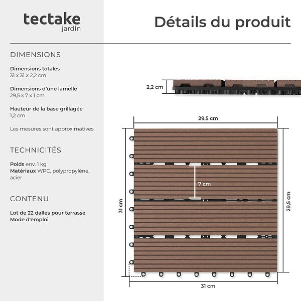 TECTAKE - Lot de dalles de terrasse TEGULAS en WPC aspect bois marron - large