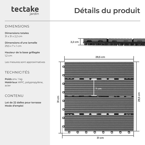 TECTAKE - Dalles terrasse en wpc gris clipsables avec système clic surface antidérapante 31x31x2,2 cm - large