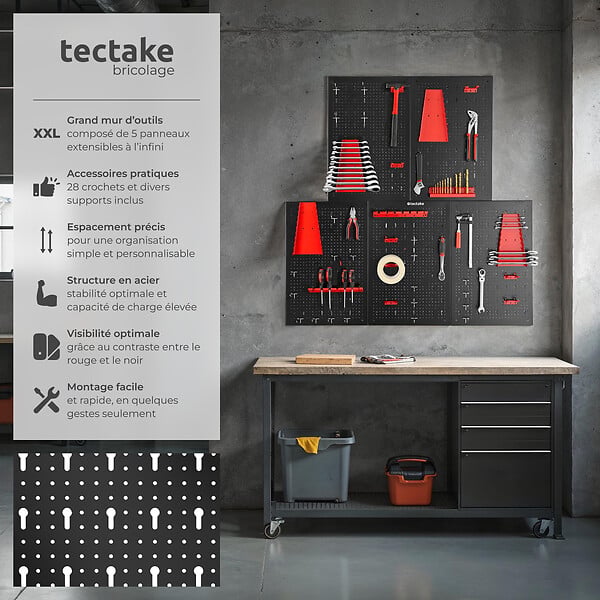 TECTAKE - Panneau perforé JONAH avec crochets et supports noir/rouge - large