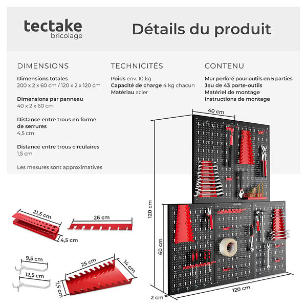 TECTAKE - Panneau perforé JONAH avec crochets et supports noir/rouge - large