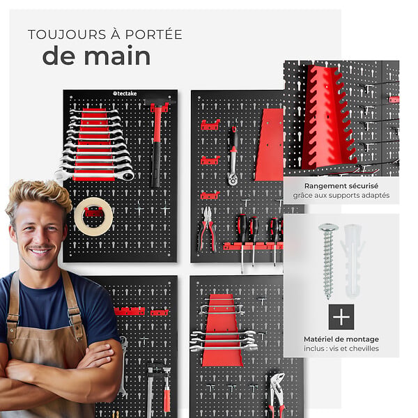 TECTAKE - Panneau perforé JONAH avec crochets et supports noir/rouge - large