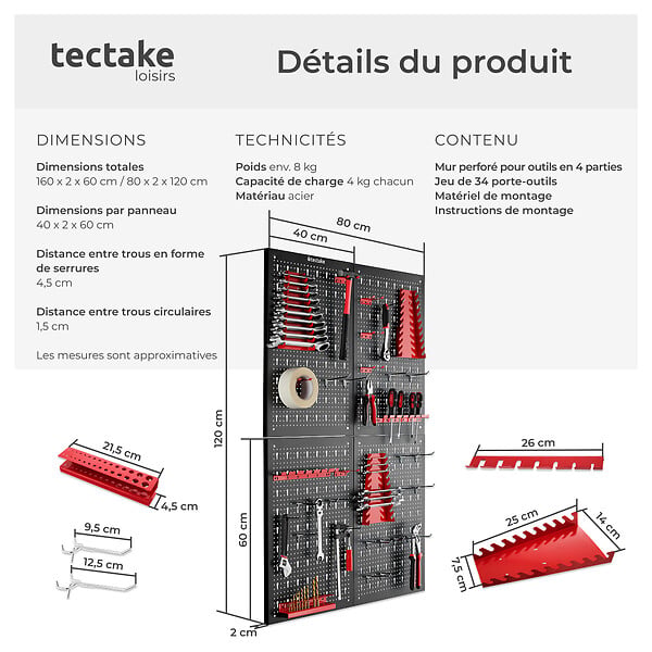 TECTAKE - Panneau perforé JONAH avec crochets et supports noir/rouge - large