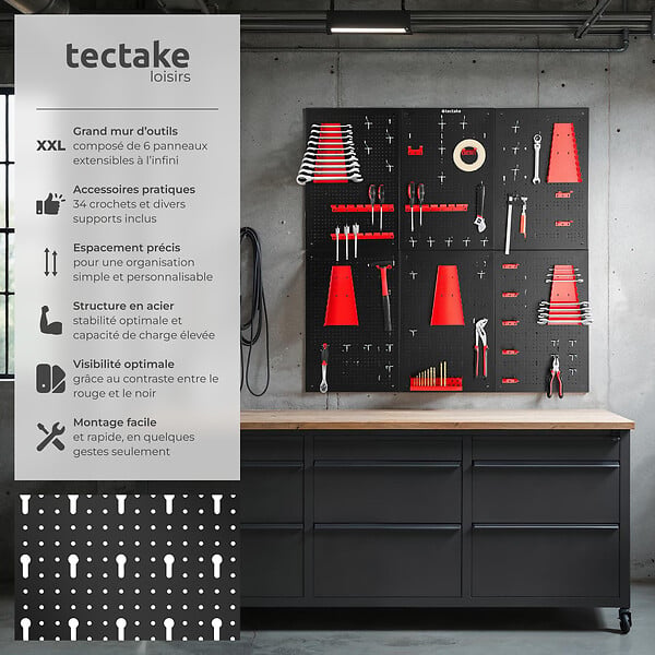TECTAKE - Panneau perforé JONAH avec crochets et supports noir/rouge - large