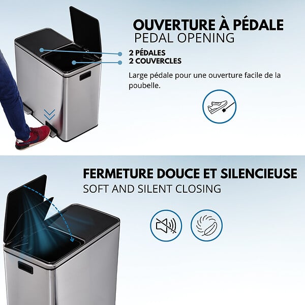 KITCHEN MOVE - Poubelle pédale tri sélectif MAJOR argent 60L - large