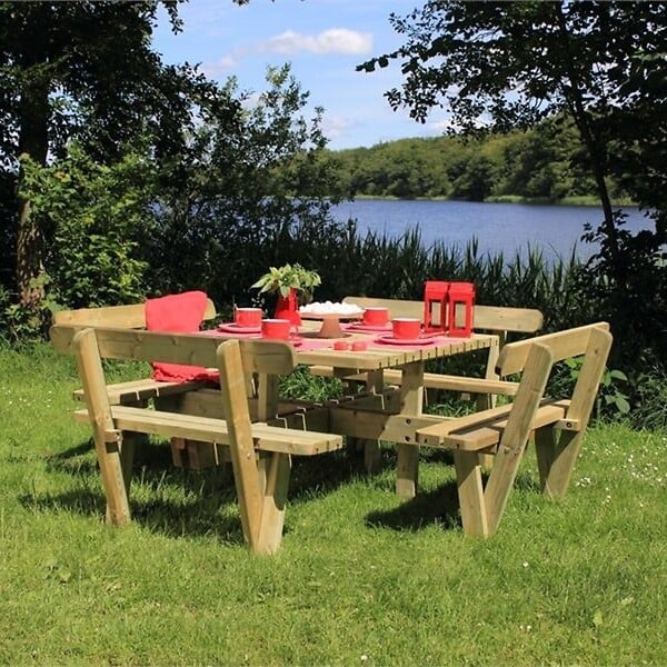 PLUS A/S - Table pique nique bois carrée avec bancs et dossiers 8pers pin naturel - large