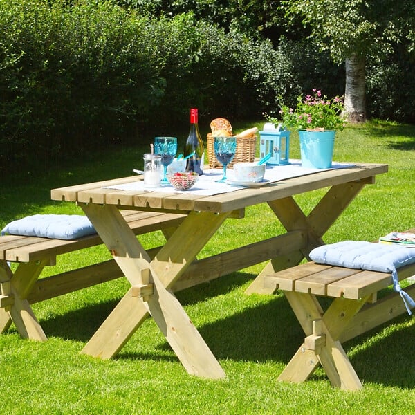 PLUS A/S - Table pique nique bois carrée avec bancs et dossiers 8pers pin naturel - large