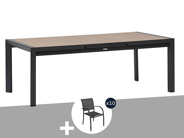 HESPERIDE - Table de jardin rectangulaire extensible alu Evasion 8/10 places effet bois + 10 fauteuils Piazza - Hespéride - large